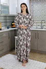 Akbeniz Yakası Düğmeli Penye Uzun Kollu Gecelik Ev Elbisesi Kırmızı Akbeniz 25500