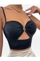 Aksesuarlı Şık Crop Büstiyer T-shirt Merry See AN1011 Siyah Siyah