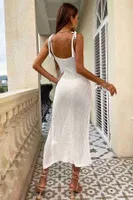 Örme Wrap Yaka Yırtmaçlı Plaj Elbisesi Pareo Angelsin MS 4370 Beyaz Beyaz farklı açı