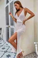 Örme Wrap Yaka Yırtmaçlı Plaj Elbisesi Pareo Angelsin MS 4370 Beyaz Beyaz görsel 4