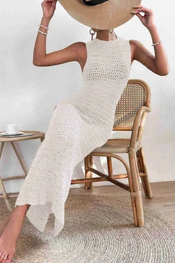 Angelsin Örme Yırtmaçlı Pareo Plaj Elbisesi Kimono Krem Angelsin 4531