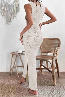 Angelsin Örme Yırtmaçlı Pareo Plaj Elbisesi Kimono Krem Angelsin 4531 - Alternatif Görünüm