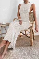 Örme Yırtmaçlı Pareo Plaj Elbisesi Kimono Krem Angelsin 4531 Krem görsel 4