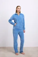Kadın Uzun Kollu Fermuarlı Kadife Sweatshirt ve Pantolon Takım Anıl 11625 Mavi