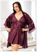 Asimetrik Dantelli Büyük Beden Saten Gecelik Sabahlık Takımı Miss Laris 6005 Bordo