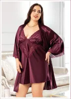 Asimetrik Dantelli Büyük Beden Saten Gecelik Sabahlık Takımı Miss Laris 6005 Bordo detay görünüm