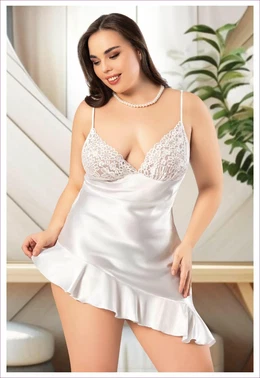 Miss Laris Asimetrik Fırfırlı Dantelli İnce Askılı Saten Büyük Beden Gecelik Miss Laris 4044