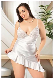 Miss Laris Asimetrik Fırfırlı Dantelli İnce Askılı Saten Büyük Beden Gecelik Miss Laris 4044