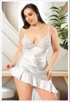 Asimetrik Fırfırlı Dantelli İnce Askılı Saten Büyük Beden Gecelik Miss Laris 4044 Ekru