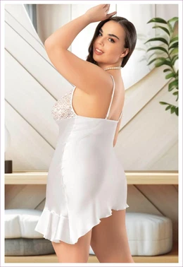 Miss Laris Asimetrik Fırfırlı Dantelli İnce Askılı Saten Büyük Beden Gecelik Miss Laris 4044 - Alternatif Görünüm