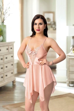 Pink Night Asimetrik Kesim Eteği Tül Kısa Saten Gecelik Pink Night 3912 - Alternatif Görünüm