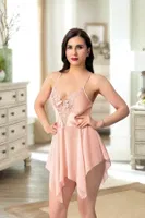 Asimetrik Kesim Eteği Tül Kısa Saten Gecelik Pink Night 3912 Pudra detay görünüm