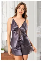 Asimetrik Kesim Yırtmaçlı İnce Askılı Saten Şort Pijama Takımı Miss Laris 3108 Gri