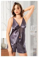 Asimetrik Kesim Yırtmaçlı İnce Askılı Saten Şort Pijama Takımı Miss Laris 3108 Gri detay görünüm