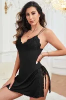Askılı Dantel İşlemeli Yırtmaçlı Gecelik Merry See MS 2364 Siyah Siyah