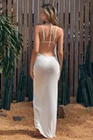 Askılı Örme Pamuk Uzun Pareo Plaj Elbisesi Kimono Kaftan Angelsin MS 4098 Beyaz Beyaz detay görünüm