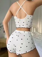 Askılı Şort Pijama Takım Lily Bianca 13113 Beyaz detay görünüm