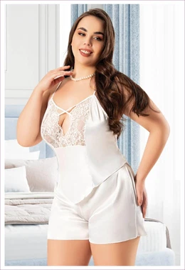 Miss Laris Ayar Askılı Büyük Beden Dantelli Saten Şort Pijama Takım Miss Laris 4235