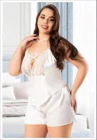 Ayar Askılı Büyük Beden Dantelli Saten Şort Pijama Takım Miss Laris 4235 Ekru