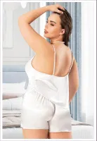 Ayar Askılı Büyük Beden Dantelli Saten Şort Pijama Takım Miss Laris 4235 Ekru detay görünüm