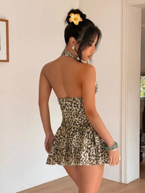 Beleng Boyundan Bağlamalı Leopar Desen Fantazi Elbise Beleng 6365 - Alternatif Görünüm