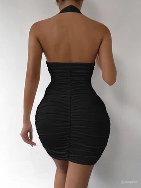 Beleng Büzgülü Boyundan Askılı Fantazi Siyah Elbise Beleng 7075 - Alternatif Görünüm