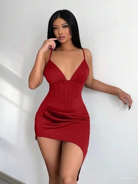 Beleng Bordo Asimetrik Kesim İnce Askılı Fantazi Elbise Beleng 7081