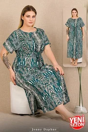 Lady Beli Büzgülü Kısa Kollu Desenli Büyük Beden Elbise Gecelik Lady 7287