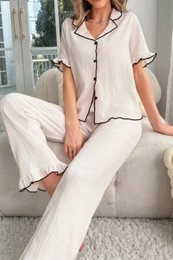 Fırfır Detaylı Gömlek Yaka Pijama Takımı Bella Notte 7167