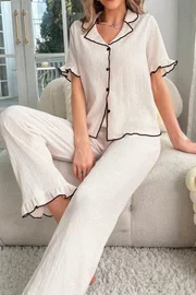 Fırfır Detaylı Gömlek Yaka Pijama Takımı Bella Notte 7167