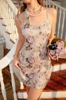 Bej Çiçek Baskılı Askılı Mini Gecelik Bella Notte 15967 Bej detay görünüm