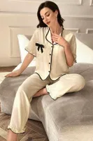 Bej Kısa Kollu Fiyonk Detaylı Düğmeli Pijama Takımı Bella Notte 7317 Bej