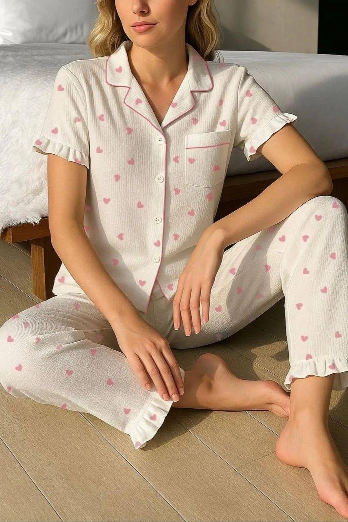 Mini Kalp Baskılı Gömlek Yaka Kadın Pijama Takımı Bella Notte 7197