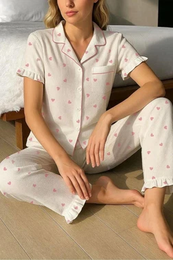 Bella Notte Mini Kalp Baskılı Gömlek Yaka Kadın Pijama Takımı Bella Notte 7197