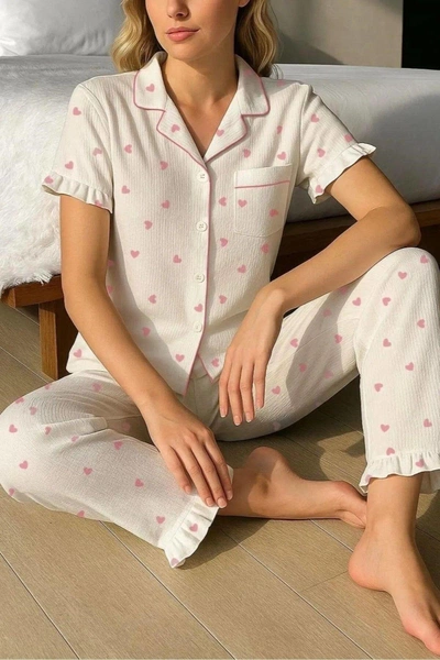Mini Kalp Baskılı Gömlek Yaka Kadın Pijama Takımı Bella Notte 7197