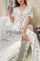 Kısa Kollu Lale Desenli Romantik Pijama Takımı Bella Notte 7335 Beyaz