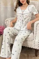 Kısa Kollu Lale Desenli Romantik Pijama Takımı Bella Notte 7335 Beyaz detay görünüm