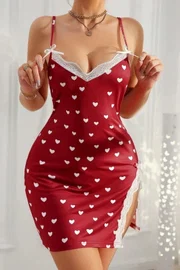 Kalp Puantiyeli Bordo Yırtmaçl Mini Gecelik Bella Notte 15921
