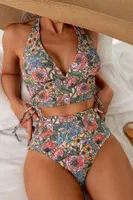 Çok Renkli Çiçek Bahçesi Yüksel Bel Bikini Takım Bella Notte M-9023 Çok Renkli