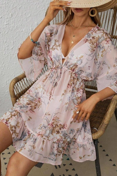 Beli Bağcıklı Çok Renkli Çiçek Desenli Pareo Bella Notte P-3001