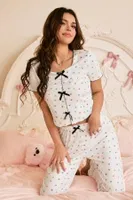 Çok Renkli Romantik Kalp Baskılı Fiyonklu Pijama Takımı Bella Notte 7331 Çok Renkli