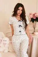 Çok Renkli Romantik Kalp Baskılı Fiyonklu Pijama Takımı Bella Notte 7331 Çok Renkli görsel 4