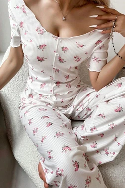 Bella Notte Bisiklet Yaka Ekru Çiçekli Kadın Pijama Takımı Bella Notte 7375