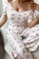 Bisiklet Yaka Ekru Çiçekli Kadın Pijama Takımı Bella Notte 7375 Ekru