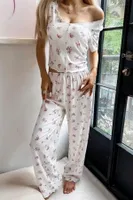 Bisiklet Yaka Ekru Çiçekli Kadın Pijama Takımı Bella Notte 7375 Ekru görsel 5