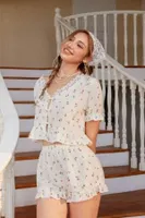 Ekru Çiçek Baskılı Dantel Yakalı Şort Takım Bella Notte 7725 Ekru farklı açı