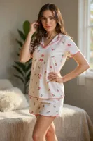 Kısa Kollu Ekru Çiçek Baskılı Kadın Şort Pijama Takım Bella Notte 7735 Ekru