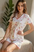 Kısa Kollu Ekru Çiçek Baskılı Kadın Şort Pijama Takım Bella Notte 7735 Ekru detay görünüm