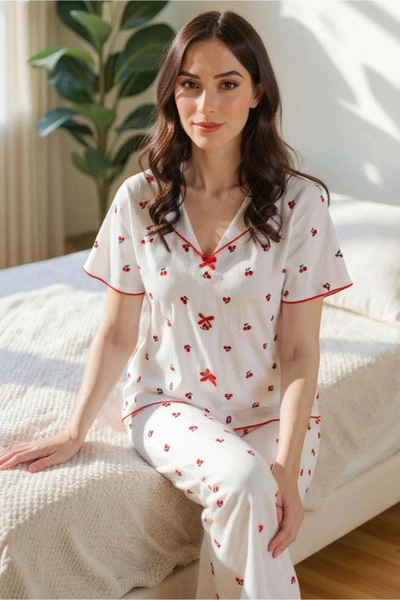 Pamuklu Kiraz Baskılı Kısa Kollu Kadın Pijama Takım Bella Notte 7357