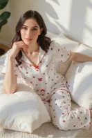 Pamuklu Kiraz Baskılı Kısa Kollu Kadın Pijama Takım Bella Notte 7357 Ekru detay görünüm